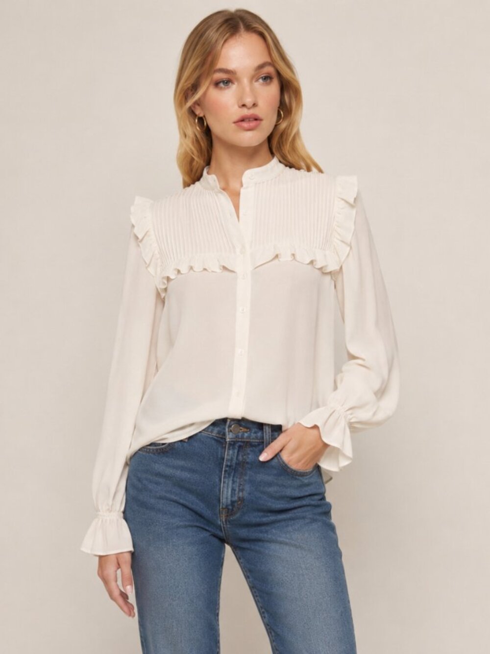 Reformation Charly Ruffled Button Down Top in Ivory